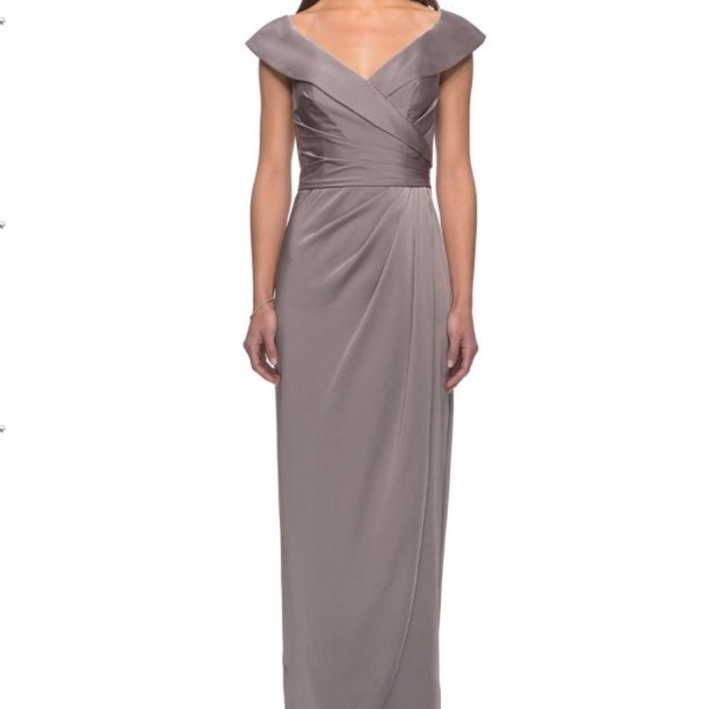 La Femme Off the Shoulder Gown in Pewter size 6 wedding formal
